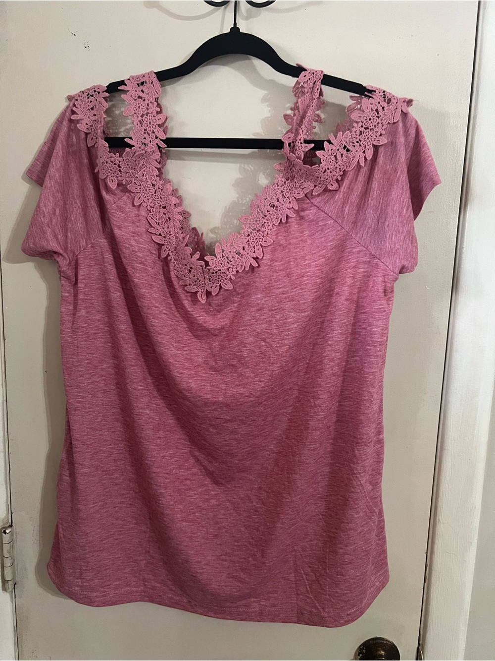 Pink Lace-Trim V-Neck Short Sleeve Women's Tee